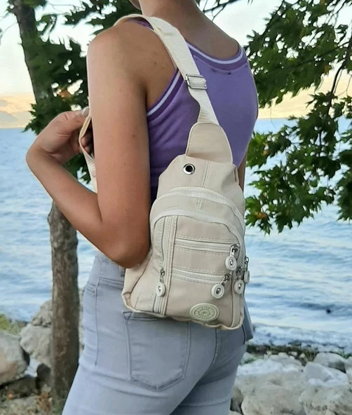 Fiyra bb1 Krem Beyaz Krinkıl Kumaş Beş Bölmeli  Body Bag  Çanta - Resim 2