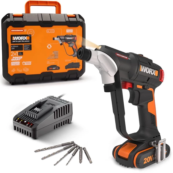 Worx Wx177 20Volt/2.0Ah Li-İon Döner Kafa Ve Çift Mandrenli Profesyonel Kömürsüz Şarjlı Matkap + 6 Parça Uç