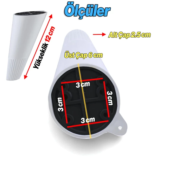 Açılı Konik 4 Adet Beyaz 12 cm Mobilya Yükseltici Baza Ayağı Koltuk Kanepe Altı Puf Ayakları - 7