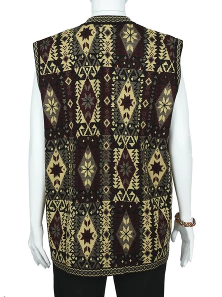 Kilim Desenli Üç Düğmeli Sarı Renk Kadın Triko Yelek - 4