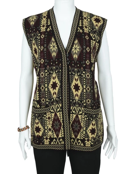 Kilim Desenli Üç Düğmeli Sarı Renk Kadın Triko Yelek - 8