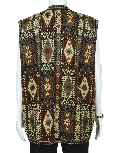Kilim Desenli Üç Düğmeli Kırmızı Renk Kadın Triko Yelek - 9