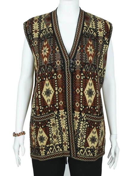 Kilim Desenli Üç Düğmeli Kırmızı Renk Kadın Triko Yelek - 5