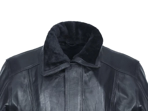 Yakası ve İçi Peluşlu Battal Beden Siyah Renk Erkek Deri Mont - 11