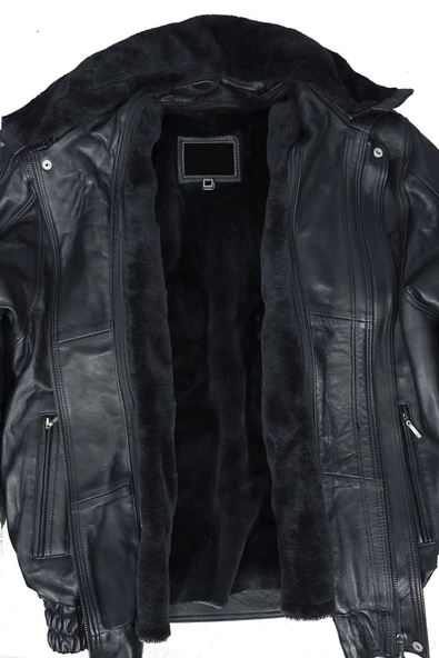 Yakası ve İçi Peluşlu Battal Beden Siyah Renk Erkek Deri Mont - 12