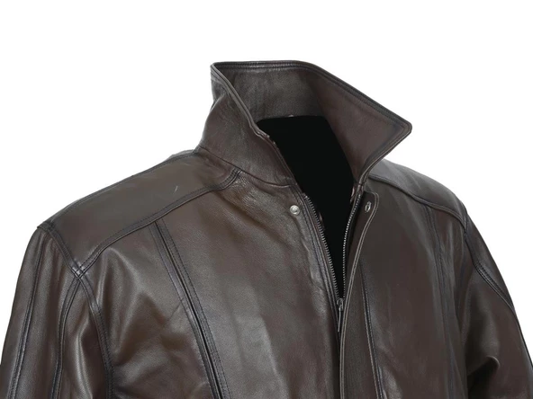 Beli Lastikli Model Battal Beden Fındık Renk Erkek Deri Mont - 3