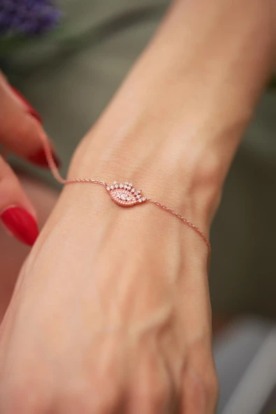 Göz Model Zirkon Taşlı Rose 925 Ayar Gümüş Kaplama İtalyan Bileklik - 3