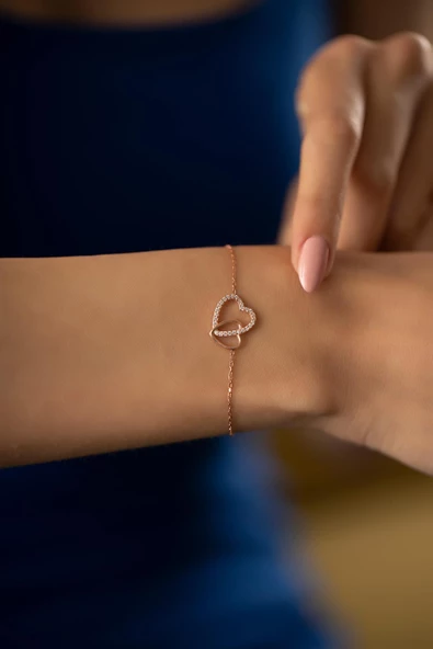 Çift Kalp Model Zirkon Taşlı Rose 925 Ayar Gümüş Kaplama İtalyan Bileklik