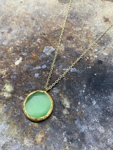 Güneş Taşı Serisi Kedi Gözü Yuvarlak 925 Ayar Gümüş Zincirli Kadın Kolye - 6