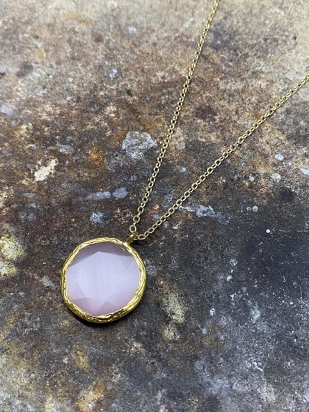 Güneş Taşı Serisi Kedi Gözü Yuvarlak 925 Ayar Gümüş Zincirli Kadın Kolye - 8