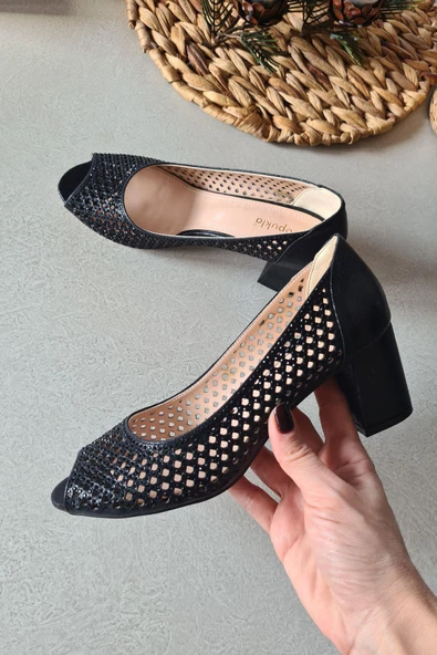 4162 Topukla Kadın Taşlı Kısa Topuk Abiye Ayakkabı - 9