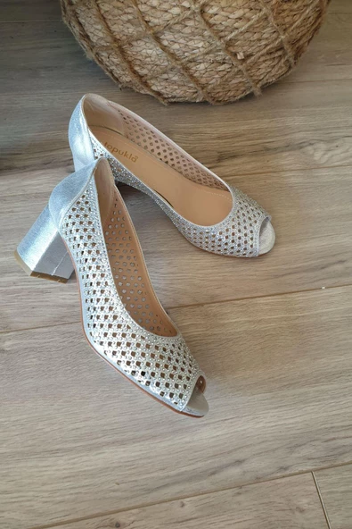 4162 Topukla Kadın Taşlı Kısa Topuk Abiye Ayakkabı - 11