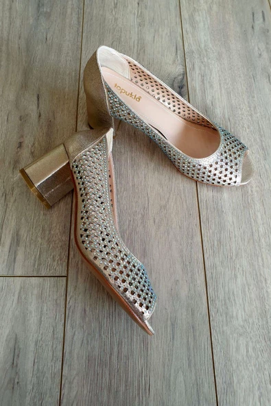 4162 Topukla Kadın Taşlı Kısa Topuk Abiye Ayakkabı - 10