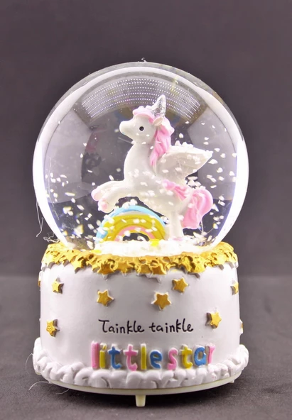 Little Star Gökkuşağı Unicorn Kar Küresi Orta Boy Işıklı Müzikli 12cm-30G