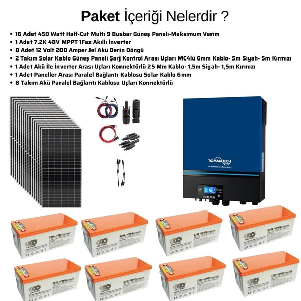 Teknovasyon Arge Güneş Enerjisi Solar Paketi 7.2kva  İnverter 550 watt  Güneş Paneli 200 Amper Jel  Akü - 3