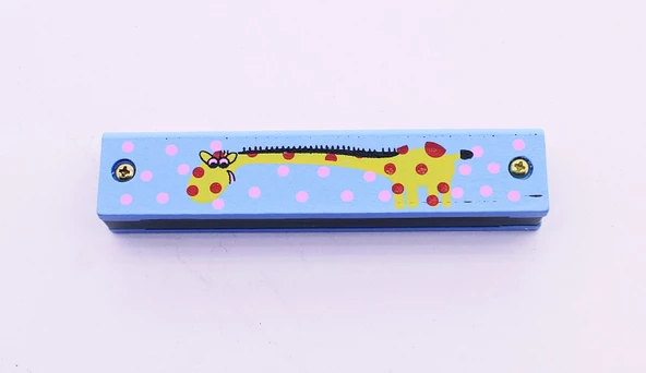 1 Adet Ahşap Mızıka 16 Delikli Çift Sıralı Mavi Desenli Çocuk Mızıka - 8