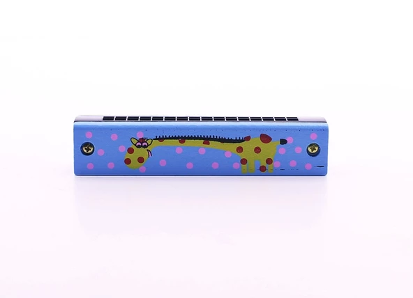1 Adet Ahşap Mızıka 16 Delikli Çift Sıralı Mavi Desenli Çocuk Mızıka - 4