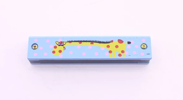 1 Adet Ahşap Mızıka 16 Delikli Çift Sıralı Mavi Desenli Çocuk Mızıka - 6