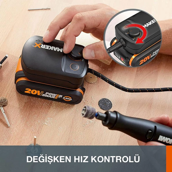 Worx Wx739 Makerx 20Volt 2.0Ah. Kömürsüz Profesyonel Kalem Tipi Devir Ayarlı Gravür Seti + 34 Parça Aksesuar - 11