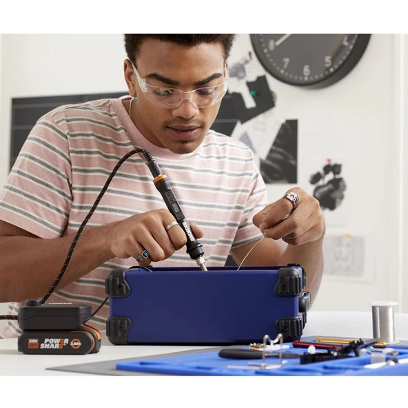 Worx Wx988 Makerx 20Volt 2.0Ah. Kömürsüz Profesyonel Kalem Tipi Devir Ayarlı Gravür Seti + Kalem Tipi Dijital Lehim Ve Ahşap Yakma Seti + 46 Parça Aksesuar - 6