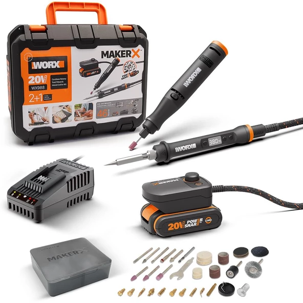 Worx Wx988 Makerx 20Volt 2.0Ah. Kömürsüz Profesyonel Kalem Tipi Devir Ayarlı Gravür Seti + Kalem Tipi Dijital Lehim Ve Ahşap Yakma Seti + 46 Parça Aksesuar