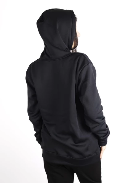Kadın Siyah İçi Yumuşak Kalın Polar Kanguru Cep Kapüşonlu Sweatshirt 22KSWTPOLM - 5