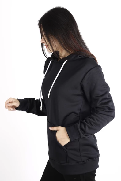 Kadın Siyah İçi Yumuşak Kalın Polar Kanguru Cep Kapüşonlu Sweatshirt 22KSWTPOLM - 6