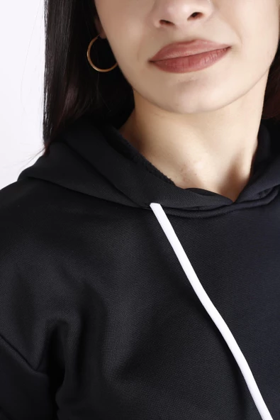 Kadın Siyah İçi Yumuşak Kalın Polar Kanguru Cep Kapüşonlu Sweatshirt 22KSWTPOLM - 3