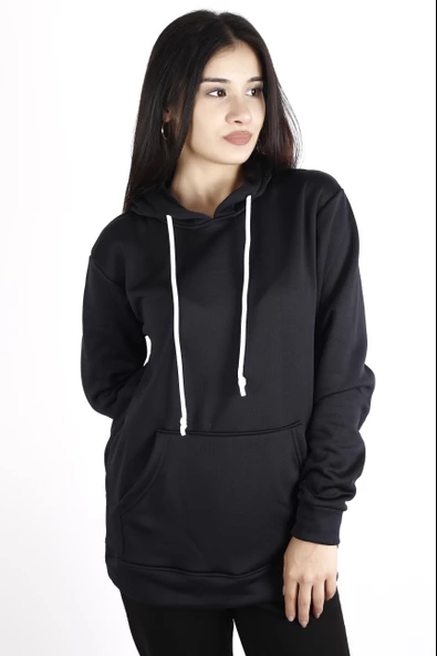 Kadın Siyah İçi Yumuşak Kalın Polar Kanguru Cep Kapüşonlu Sweatshirt 22KSWTPOLM - 4