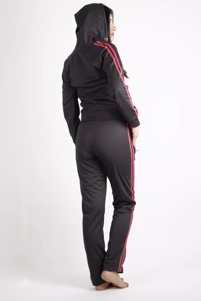 Kadın Füme Fuşya Şeritli Fermuarlı Kapüşonlu Dalgıç Scuba Alt Üst Spor Eşofman Takımı 21KESTAX11 - 7
