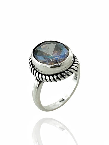 925 Gümüş Oval Mistik Topaz Taşlı Özel Model Yüzük - 2