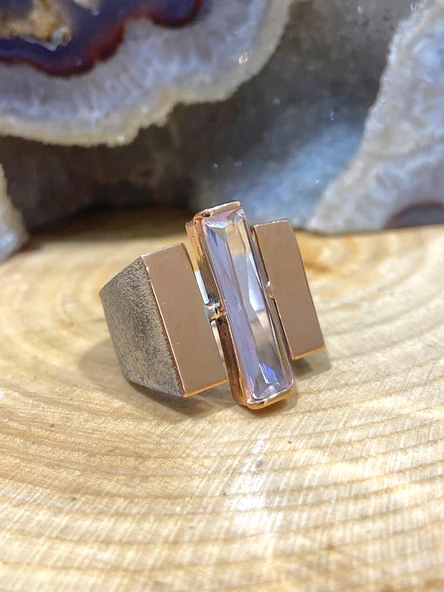 925 Gümüş Baget Pembe Kuvars Taş Özel Model El Üretimi Yüzük - Resim 3