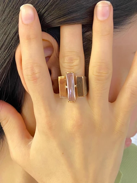 925 Gümüş Baget Pembe Kuvars Taş Özel Model El Üretimi Yüzük - Resim 4