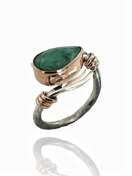925 Gümüş Doğal Zümrüt Taş Otantik El Üretimi Yüzük - 2