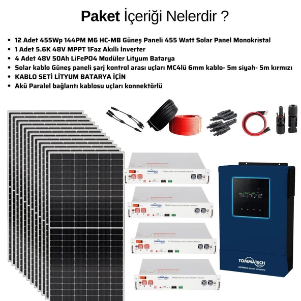 Güneş Enerjisi Solar Paketi 5.6kva İnverter 550 watt Güneş Paneli 48V 50 Amper Lityum Akü - Resim 3