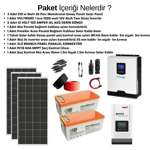 Teknovasyon Arge Güneş Enerjisi Solar Paketi 1kva İnverter 210 watt Güneş Paneli 100 Amper Jel Akü - 3