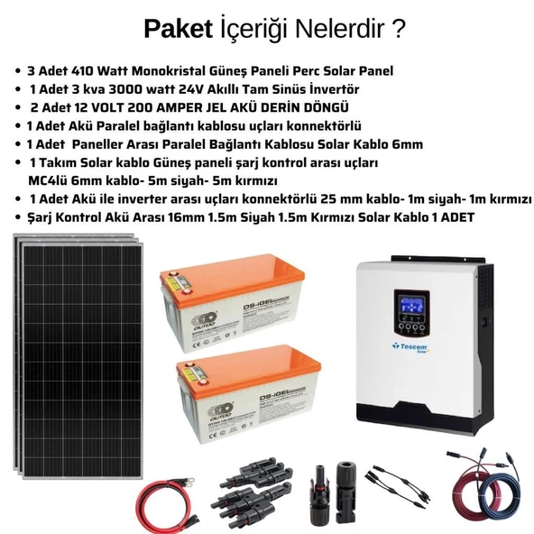 Teknovasyon Arge Güneş Enerjisi Solar Paketi 3kva İnverter 400 watt Güneş Paneli 200 Amper Jel Akü - 3
