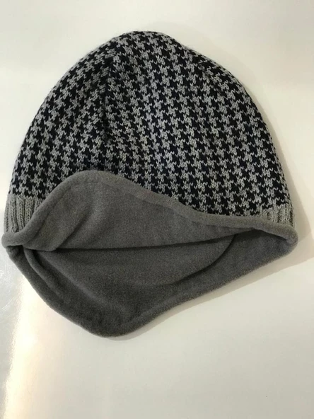 İçi Polarlı Kulaklı Bere Kışlık Bere   Lacivert- Gri - Resim 2