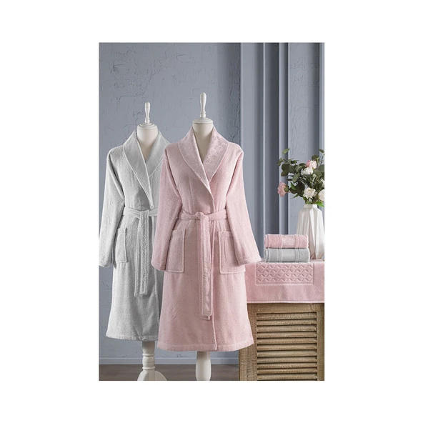 Özdilek Blossom Pembe-Gri Happy Bornoz Seti 0812 - 2