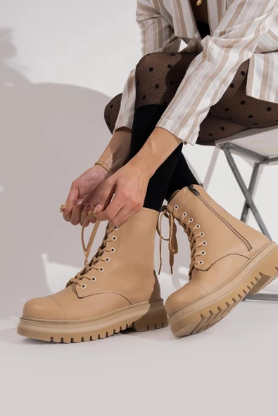 Polle Ten Rengi Bağcıklı Asker Postalı Günlük Hafif Kalın Taban Bot