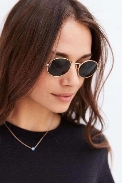 Oval Güneş Gözlüğü  Sarı Çerçeve Siyah Cam Unisex  Gold Tek Ebat - Resim 5