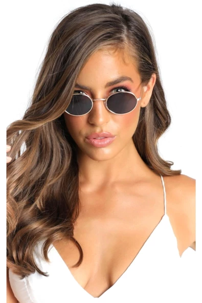 Oval Güneş Gözlüğü Sarı Çerçeve Siyah Cam Unisex Gümüş Tek Ebat