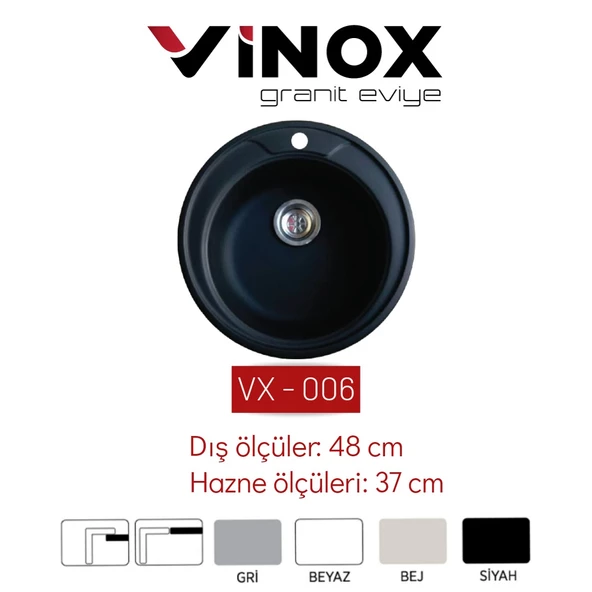 Vinox Siyah Yuvarlak Granit Eviye 48 Cm Vx006