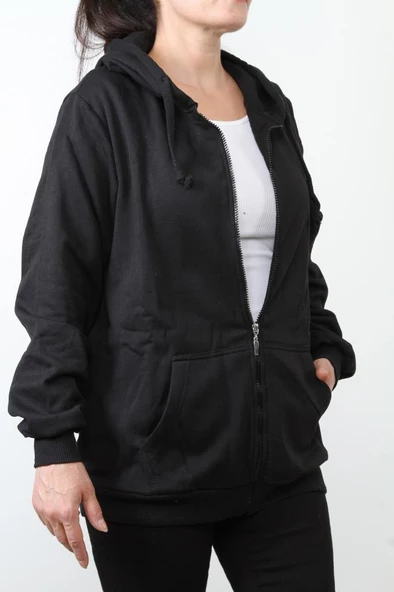 Hipatu 2 İp Şardonlu Fermuarlı Kapşonlu Oversize Sweatshırt Ceket - 3