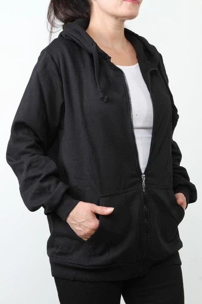 Hipatu 2 İp Şardonlu Fermuarlı Kapşonlu Oversize Sweatshırt Ceket - 2