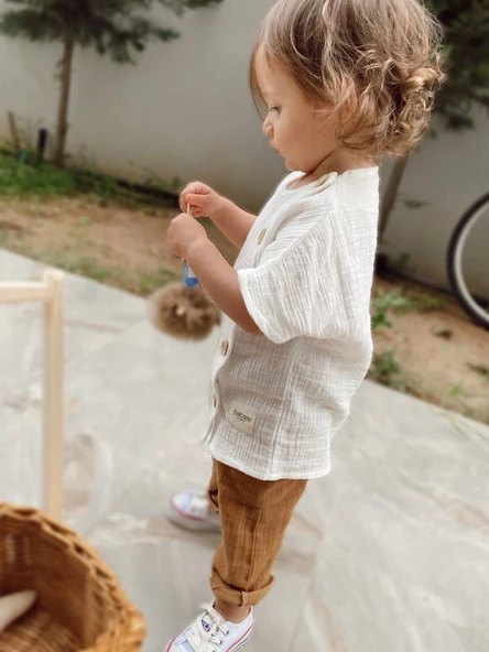 Müslin Cepli Pantolon Camel Kahverengi