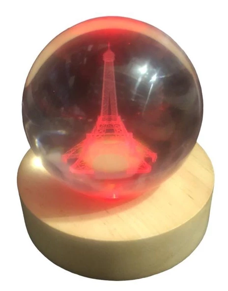 Dekoratif Eyfel Kulesi Tasarımlı Ahşap Altlıklı Işıklı Cam Küre Cam:6cm Ahşap:2cm - 3