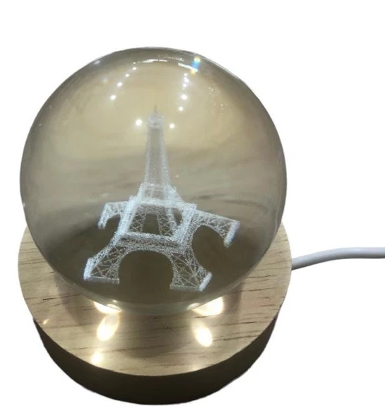 Dekoratif Eyfel Kulesi Tasarımlı Ahşap Altlıklı Işıklı Cam Küre Cam:6cm Ahşap:2cm - 2