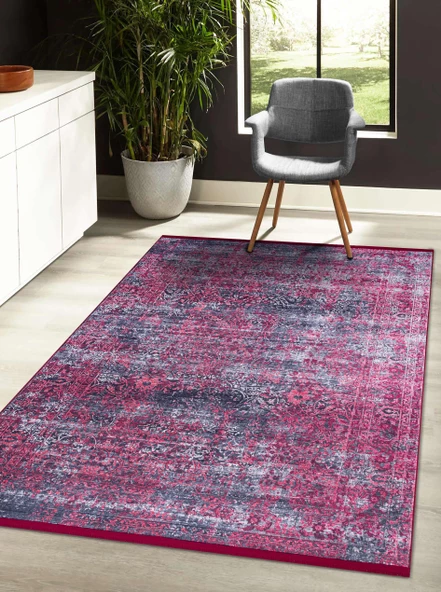 Eskitme Desenli Dokuma Taban Dijital Baskılı Halı  KIRMIZI 140X200