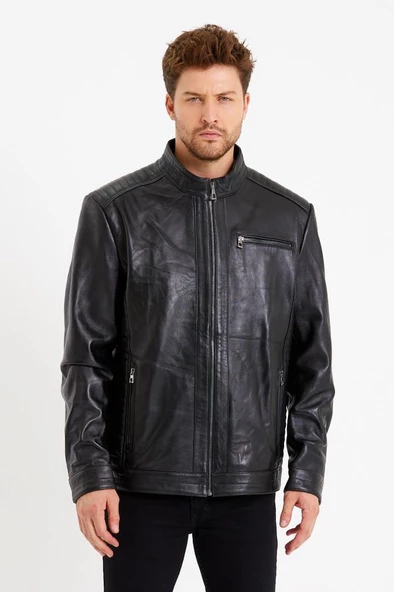 Siyah Renk Üç Cepli İşlemeli Spor Deri Mont - 5